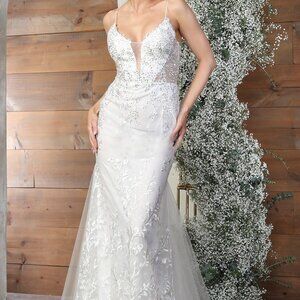 Off white wedding dress, lace beaded fitted bridal gown
